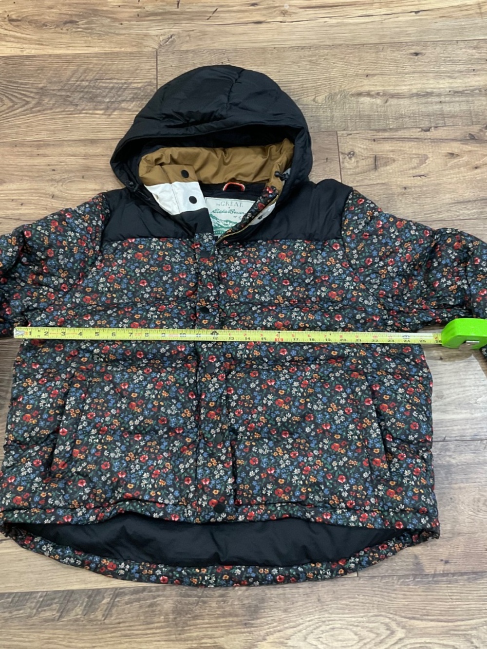 THE GREAT x Eddie Bauer Floral Down Puffer Parka Jacket Black Multi Large L - Picture 4 of 7